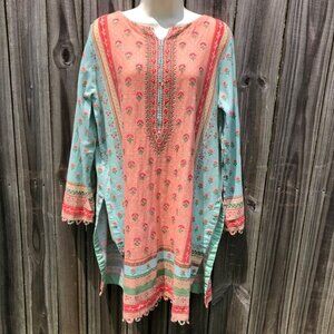 Sadabahar Pakistan Top Tunic Blouse Dress Shalwar Kameez Long Sleeve Blue Floral